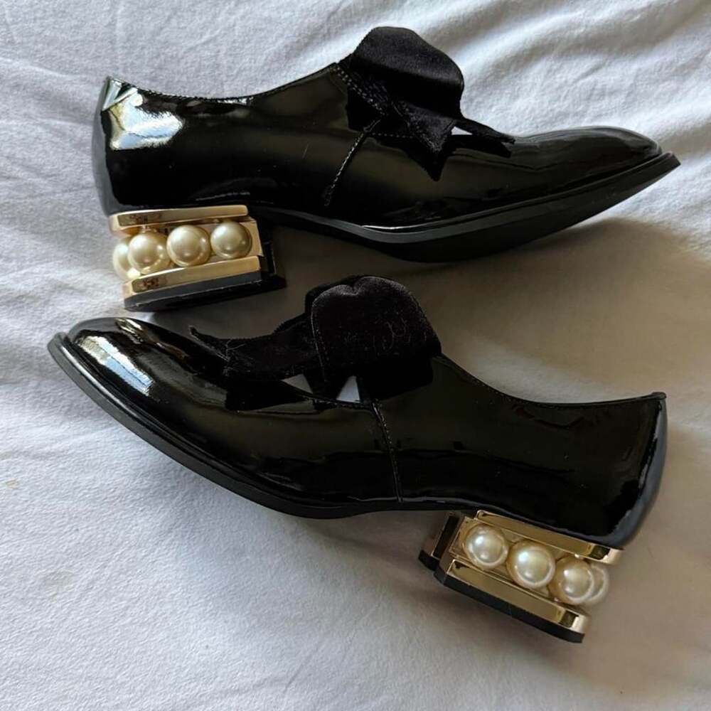 Jeffrey Campbell Black Patent Leather Pearl Heel Bow Loafers